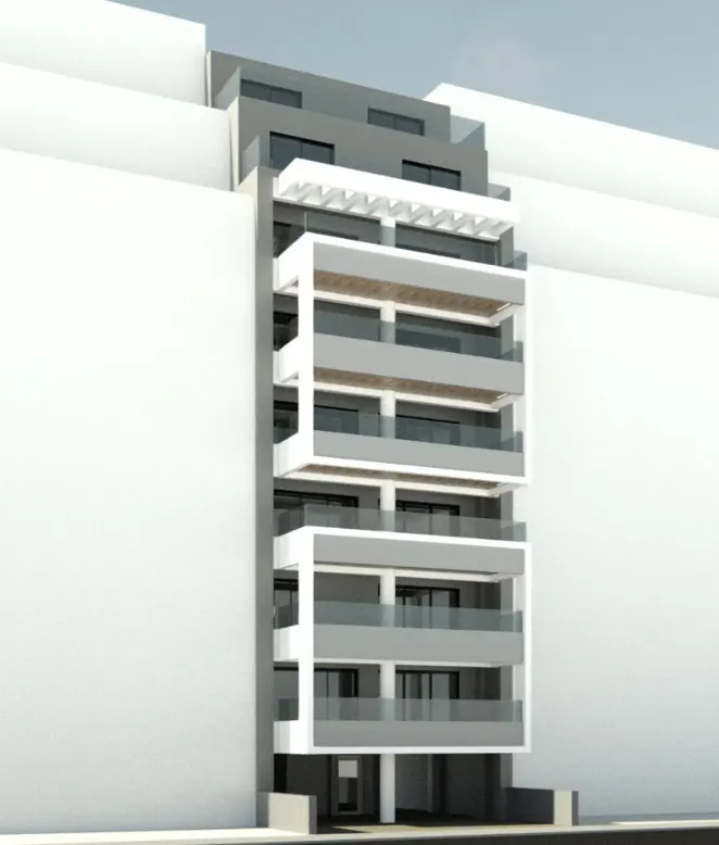Modern white and gray apartment building with glass balconies, set against a white background.