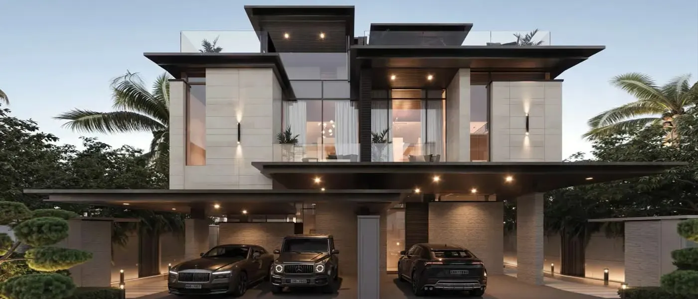 Modern two-story house with a flat roof and three luxury cars parked in front. Palm trees and greenery surround the property.