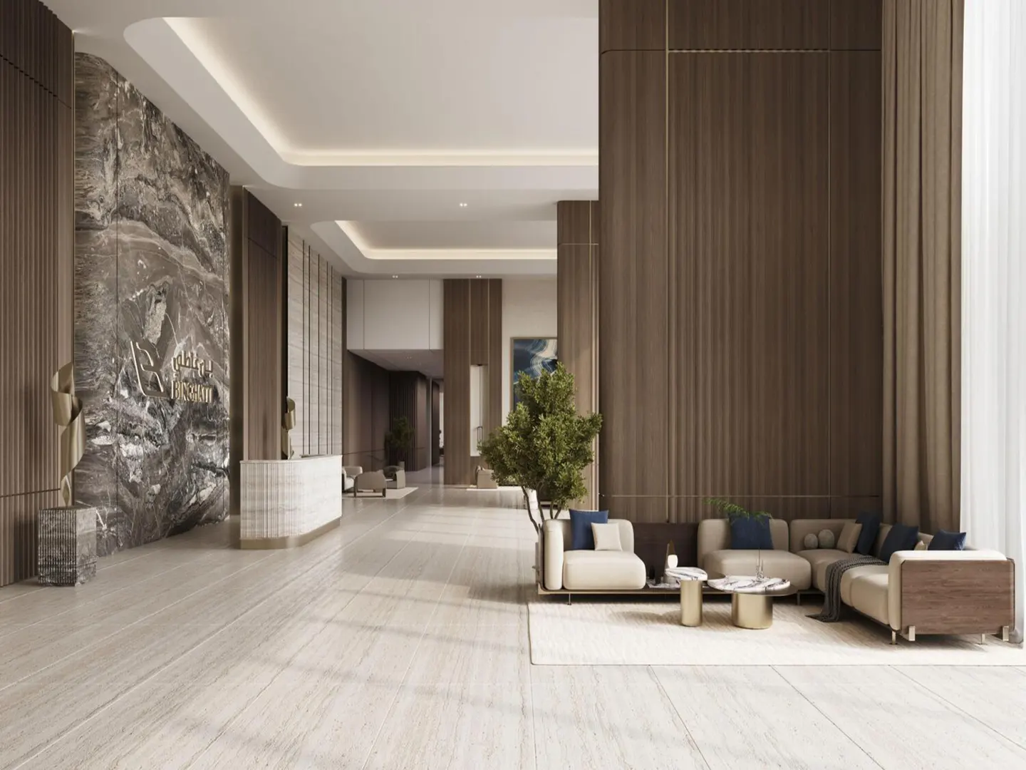 Hotel lobby with marble floors, a reception desk, and a seating area with beige sofas and blue pillows.