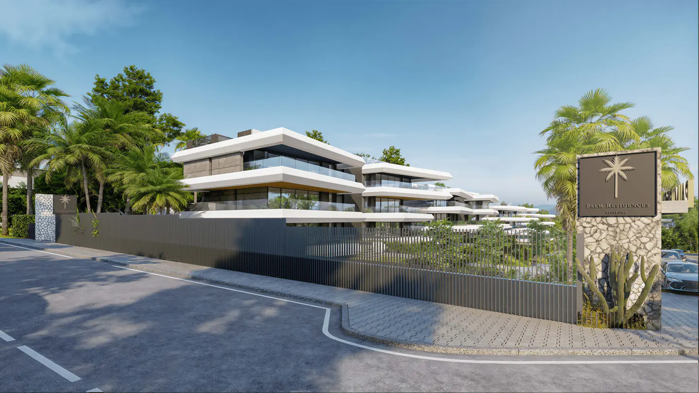 Modern, multi-story white residences with glass balconies line a street with palm trees under a blue sky. A stone sign reads "Palm Residences."