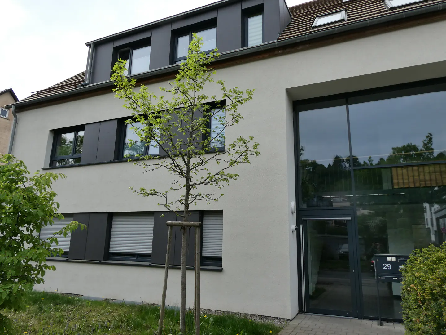 Modern building with large glass windows and gray trim. A small tree stands in front of the building, and the number 29 is visible near the entrance.