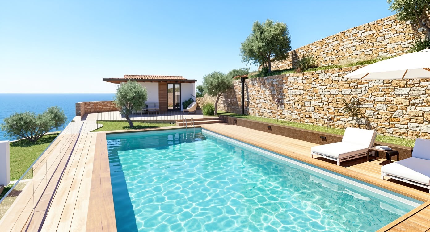 Panoramavilla im Grünen mit Pool und Meerblick