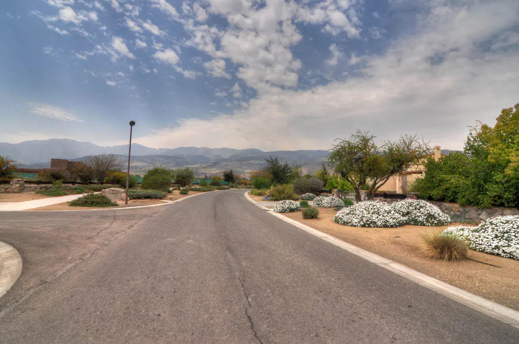 Asphalt road curves through a residential area with white flowers, trees, and mountains in the background under a cloudy sky.