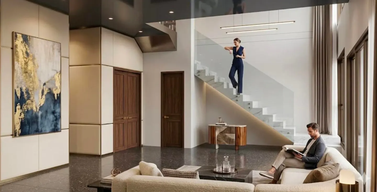 A modern home interior with a man reading on a white sofa, a woman on the stairs, and an abstract painting on the wall.