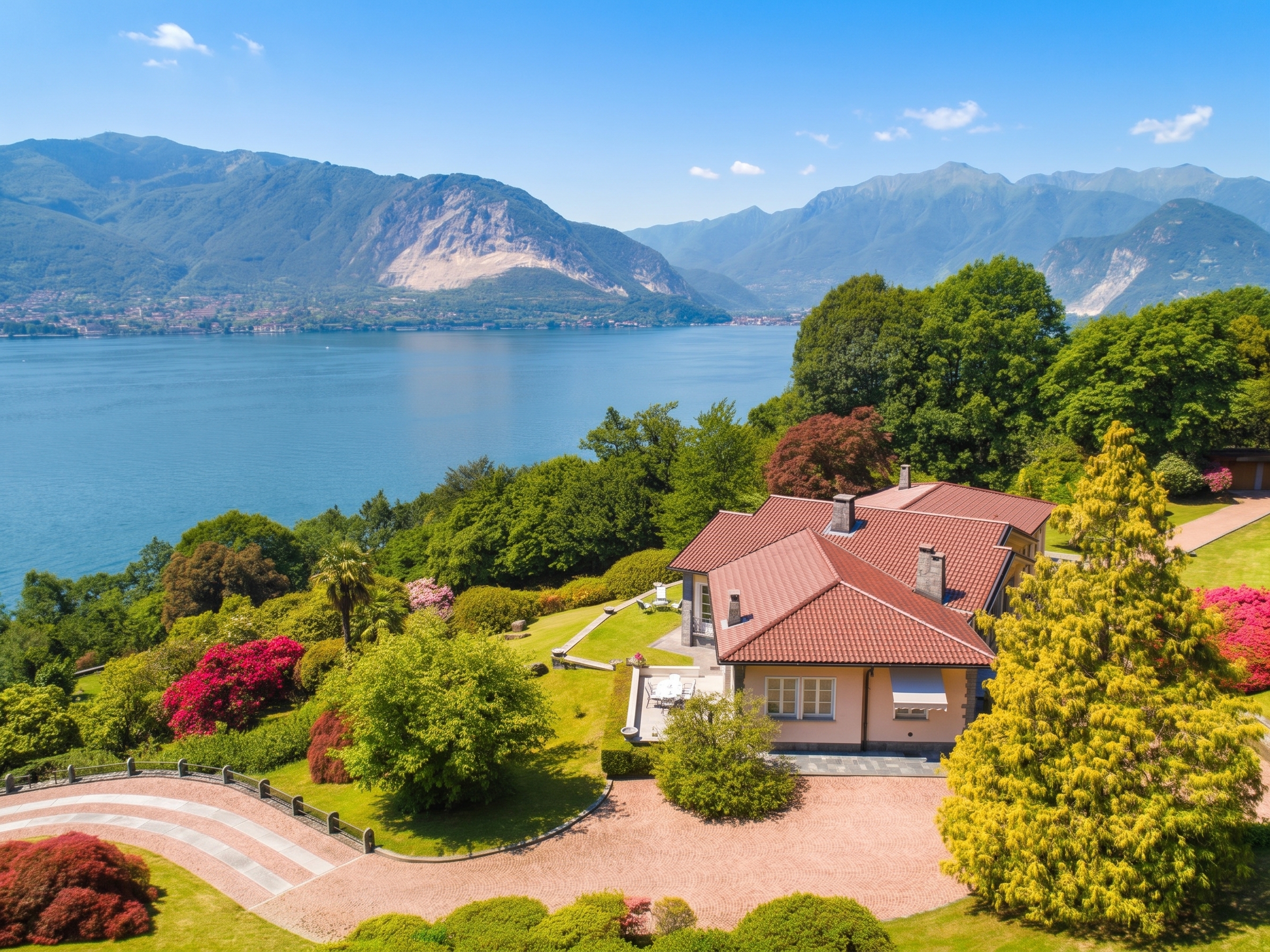 Luxuriöse Villa mit atemberaubendem Blick auf den See und die Borromäischen Inseln [KI-modifiziert]