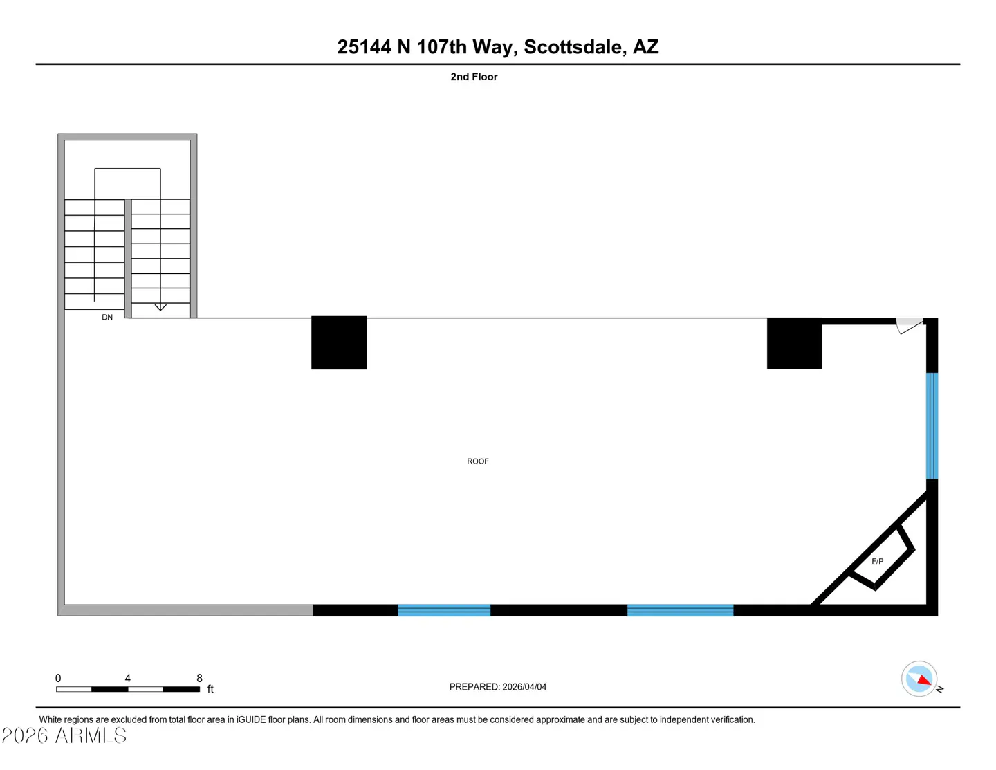 2nd floor plan of 25144 N 107th Way, Scottsdale, AZ. Shows a rectangular room with stairs, windows, and a roof.