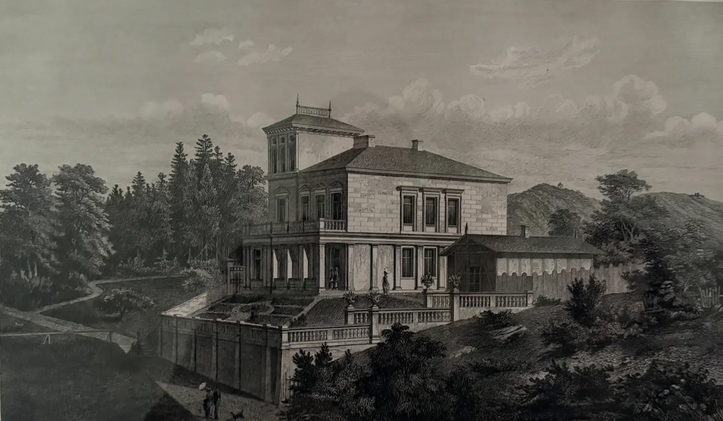 Monochrome print of a large, light-colored house with a tower, surrounded by trees and hills under a cloudy sky.