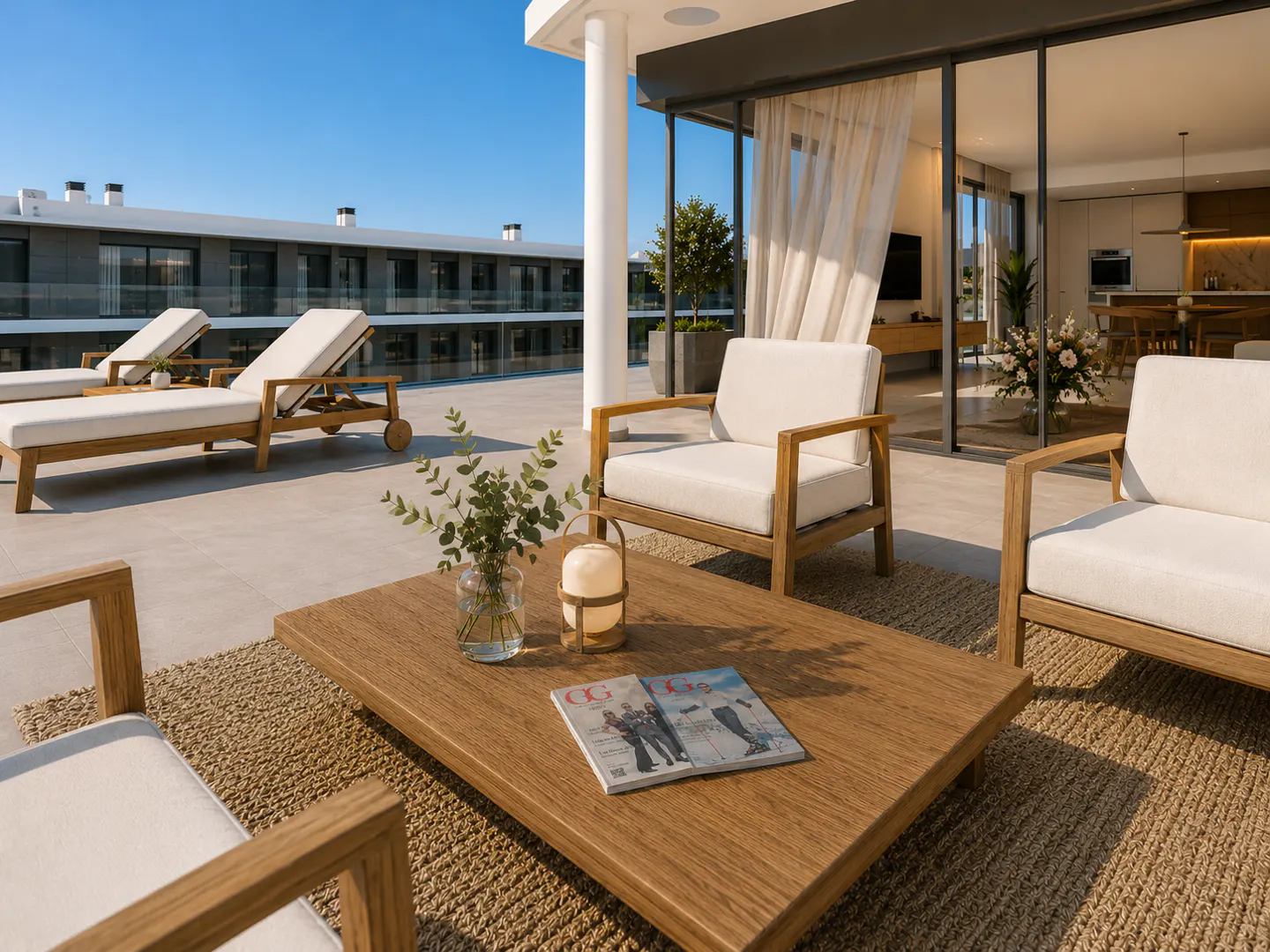 Outdoor patio with wooden furniture, white cushions, and a magazine on the coffee table. Lounge chairs and a building are in the background.