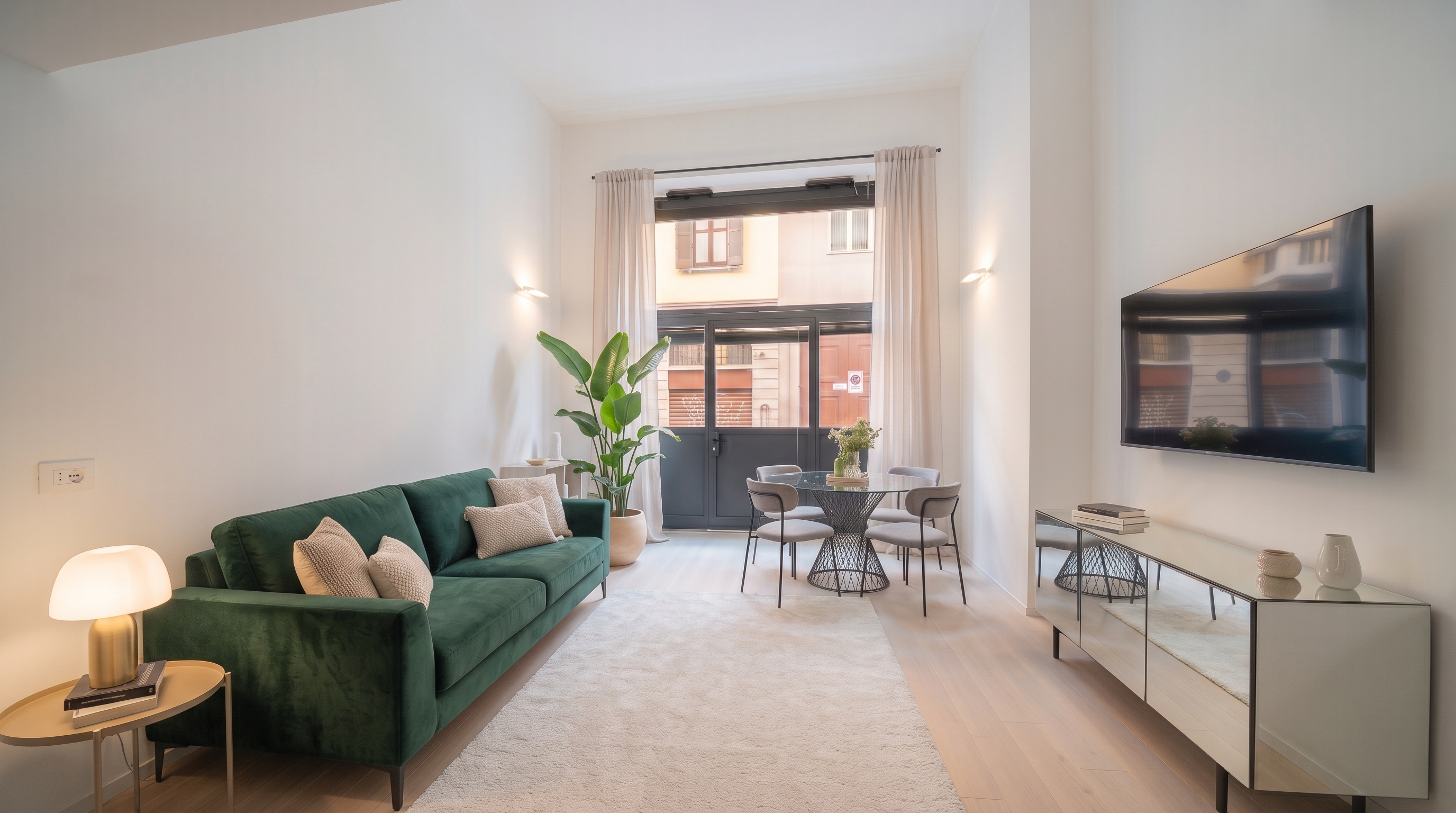 Modern living room with a green velvet sofa, a glass dining table, a wall-mounted TV, and a mirrored sideboard. [AI-generated text] [AI-modified]