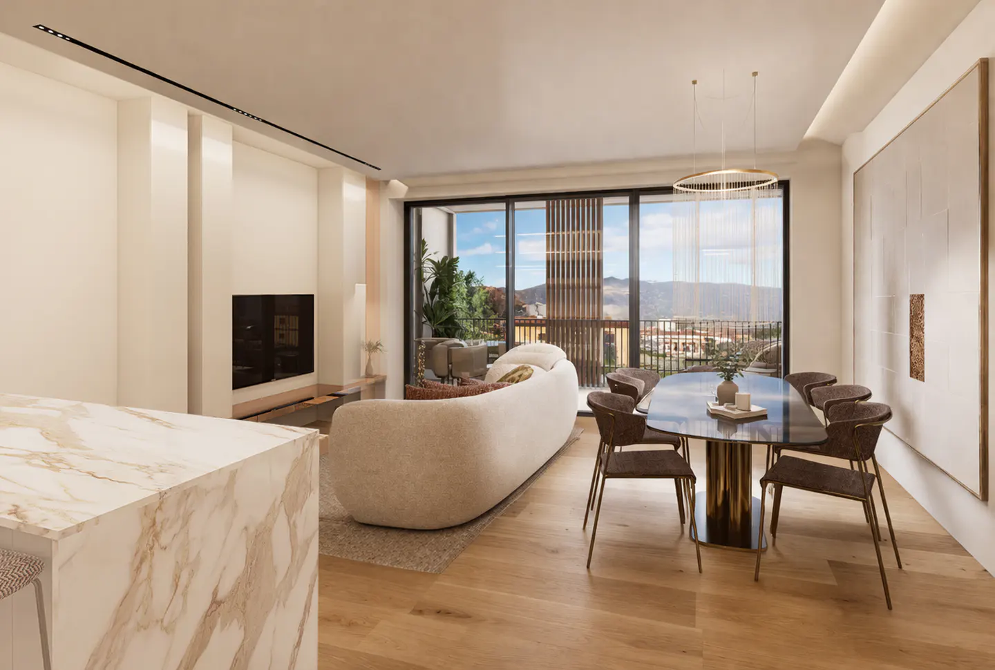 Open-concept living and dining area with a cream sofa, oval glass table, and floor-to-ceiling windows with a mountain view.