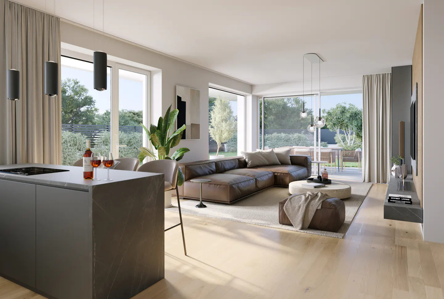 Open-concept living space with a brown leather sectional sofa, kitchen island with wine, and large windows overlooking a green yard.