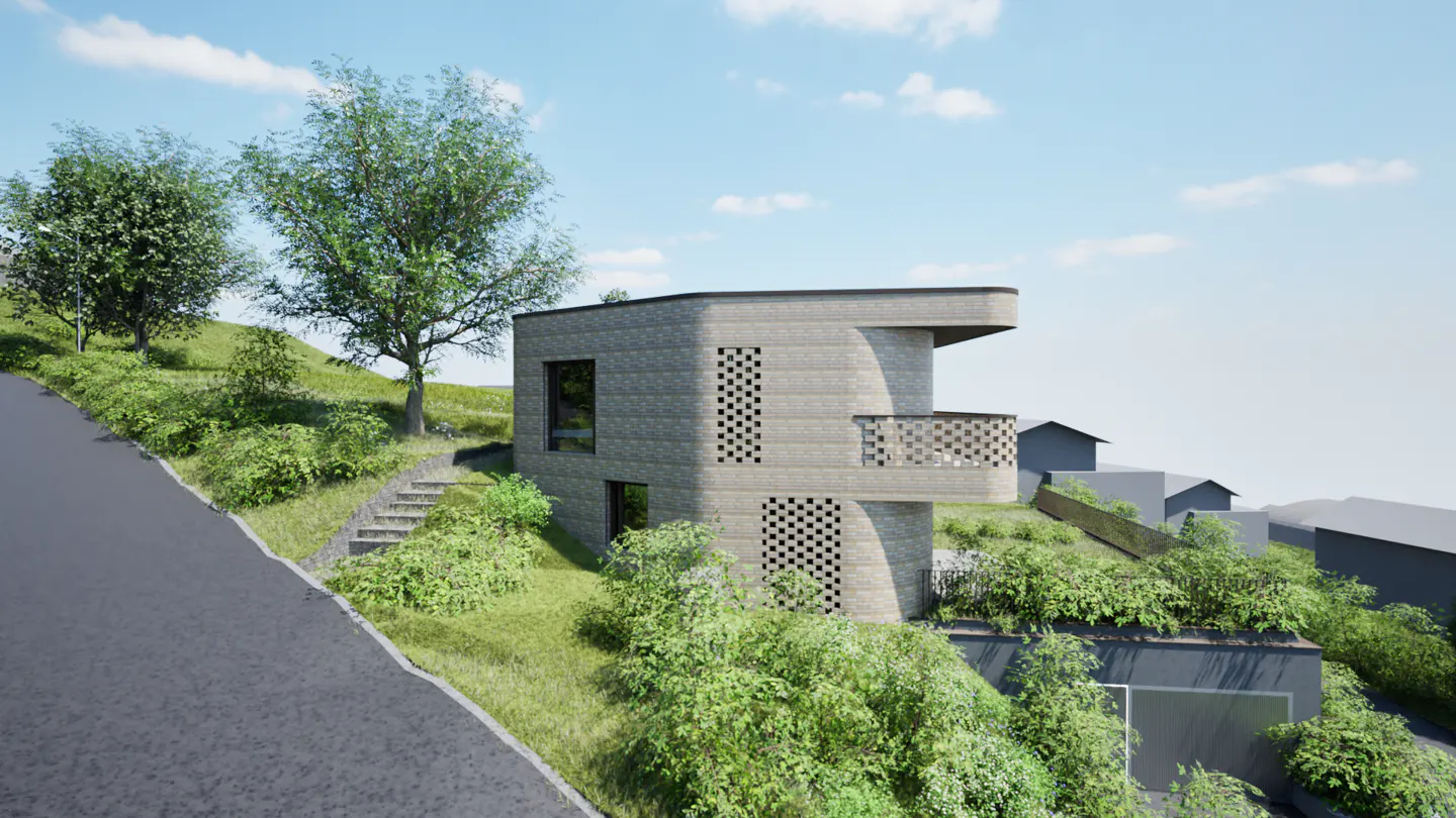 Modern two-story house with a balcony, built on a grassy hill under a blue sky. The house is made of gray bricks with square openings.