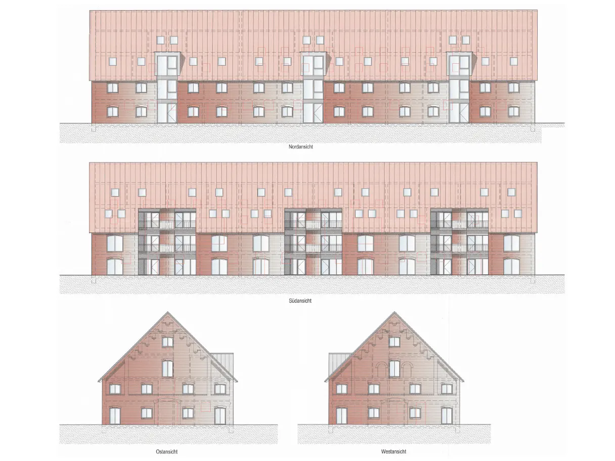 Architectural drawing of a building with a red roof and brick facade, showing north, south, east, and west views.