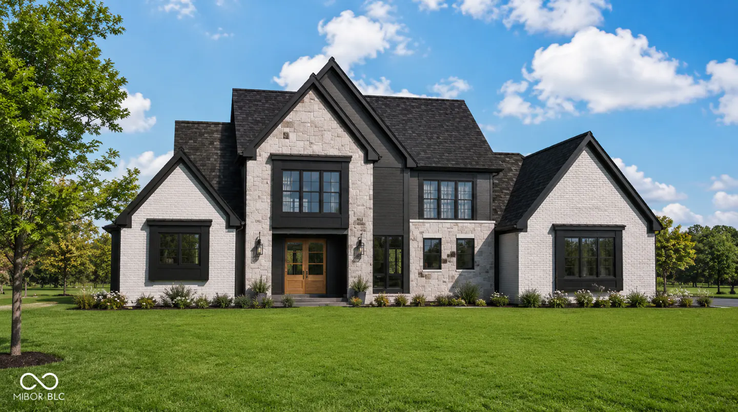 Two-story house with white brick and stone facade, black trim, wood door, and green lawn under a blue sky.