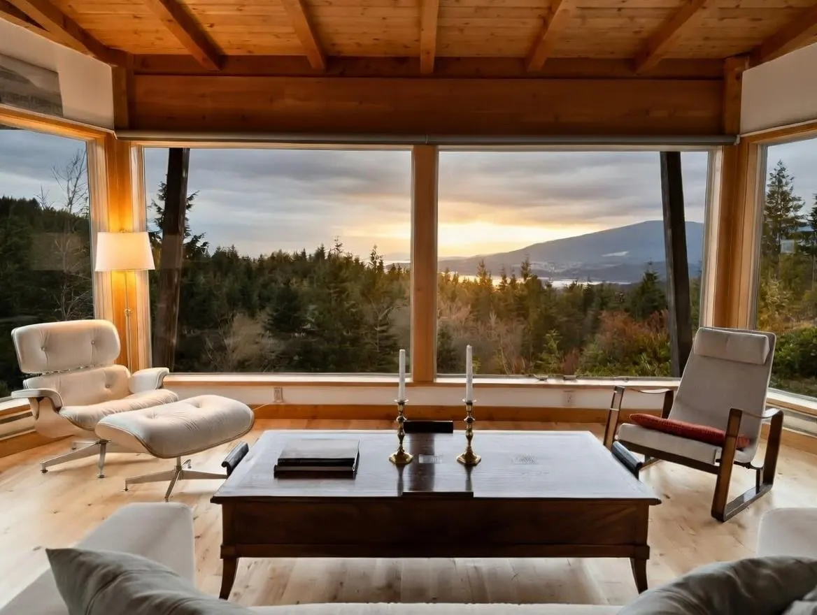 Living room with wood ceiling, large windows overlooking forest and lake at sunset. Furniture includes chairs, table, and floor lamp.