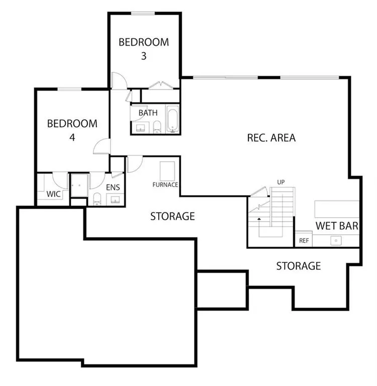 Floor plan of a basement with two bedrooms, a bath, rec area, wet bar, storage, and furnace.