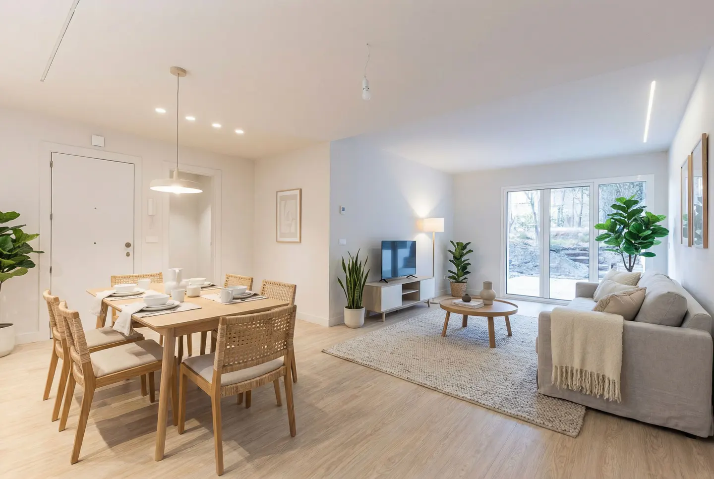 Bright, open-concept living and dining area with a wooden table, six chairs, a gray sofa, and a large window.