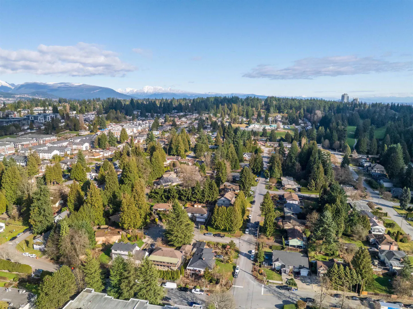 Aerial view of a suburban neighborhood with houses, trees, and mountains in the background under a blue sky.