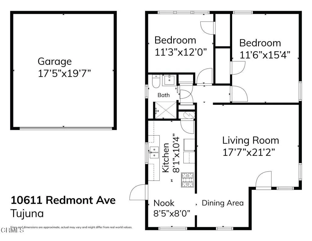 Floor plan of 10611 Redmont Ave, Tujuna, with garage, two bedrooms, bath, kitchen, living room, nook, and dining area.