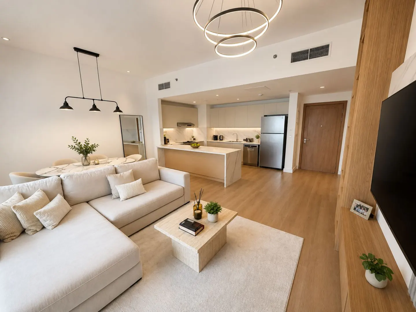 Bright, modern apartment interior with a beige sectional sofa, square coffee table, and open kitchen with stainless steel appliances. Circular light fixture overhead.