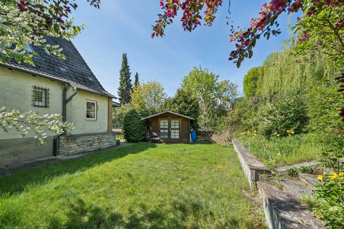 A sunny backyard with a small wooden shed, green grass, and a house on the left. Trees and flowers surround the yard.