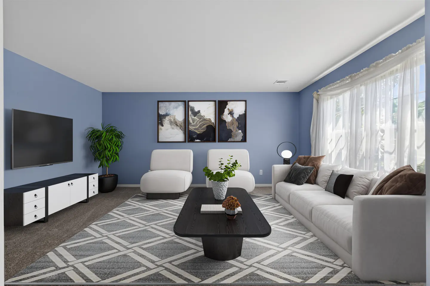 Modern living room with blue walls, white sofa and chairs, black coffee table, TV, and a geometric patterned area rug.