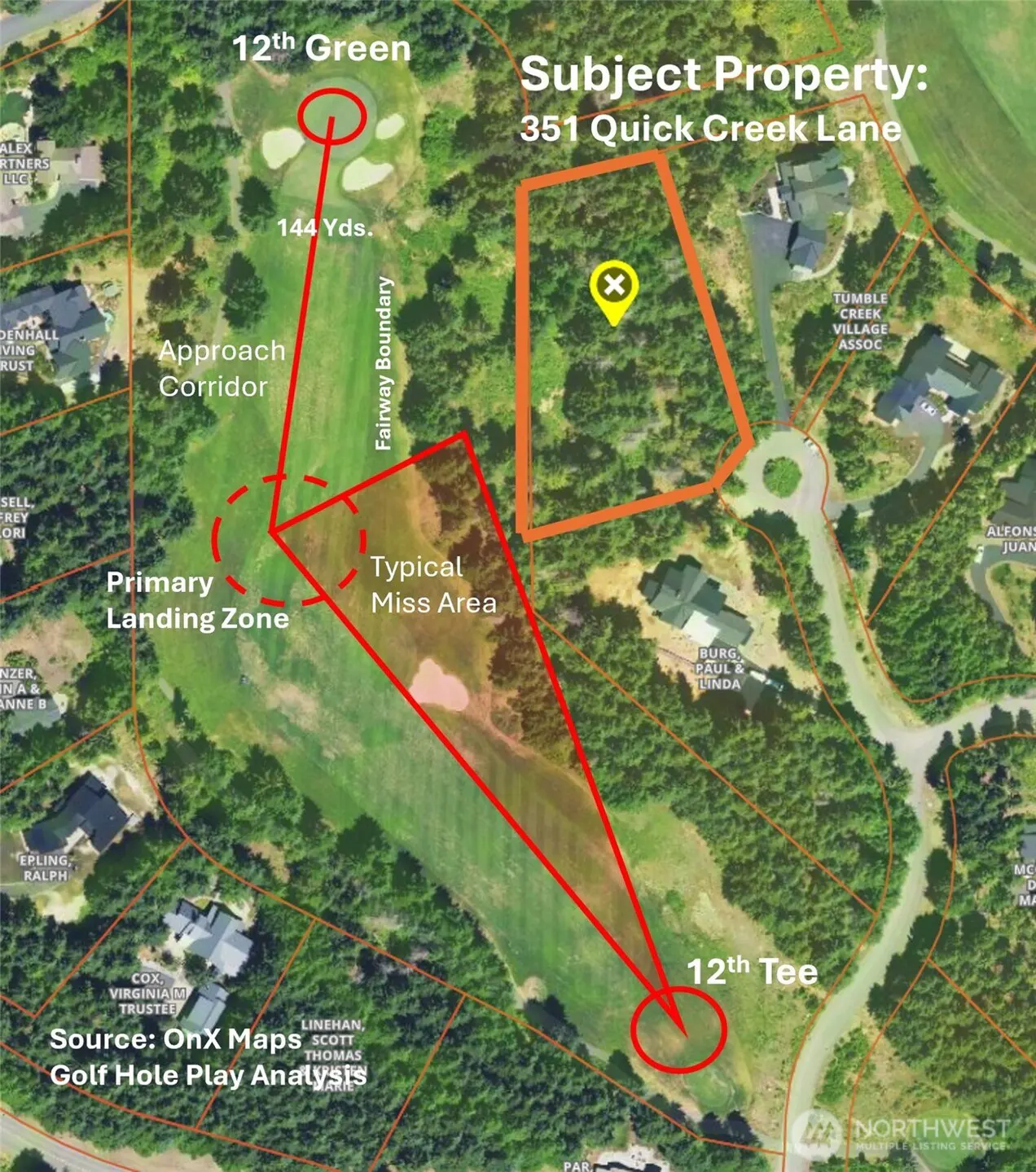 Aerial view of 351 Quick Creek Lane, a wooded property outlined in orange, near a golf course with tee, green, and landing zones marked.
