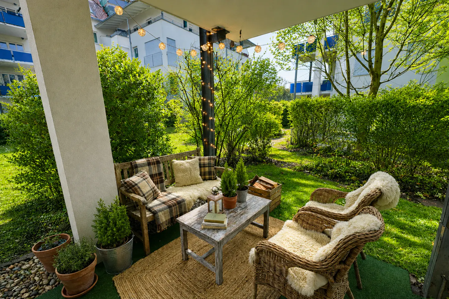 Cozy outdoor patio with a wooden bench, wicker chairs, and a rustic coffee table on a jute rug, surrounded by lush greenery. String lights add a warm glow.