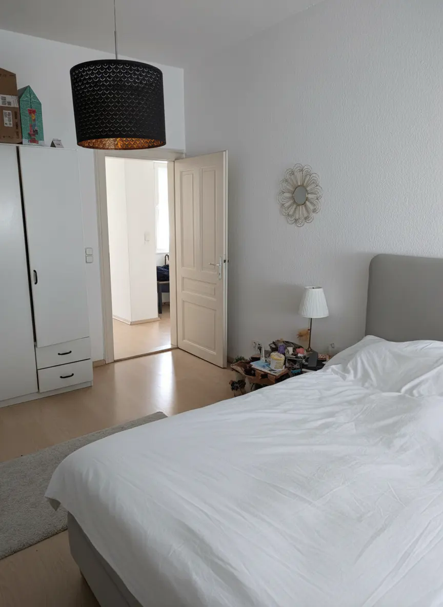 Bright bedroom with a white bed, a black pendant lamp, and a white wardrobe. An open door leads to another room.