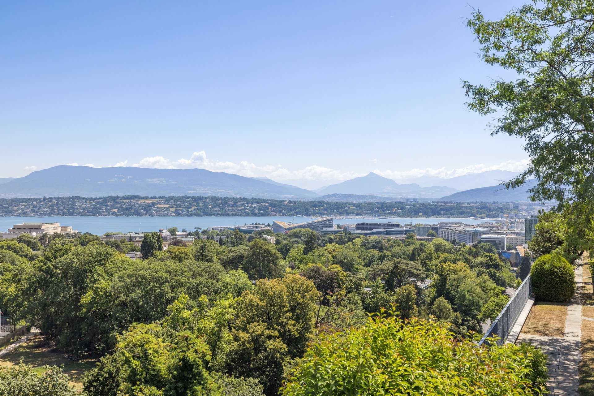 Scenic view of Geneva, Switzerland, featuring Lake Geneva, the city skyline, lush green trees, and distant mountains under a clear blue sky.