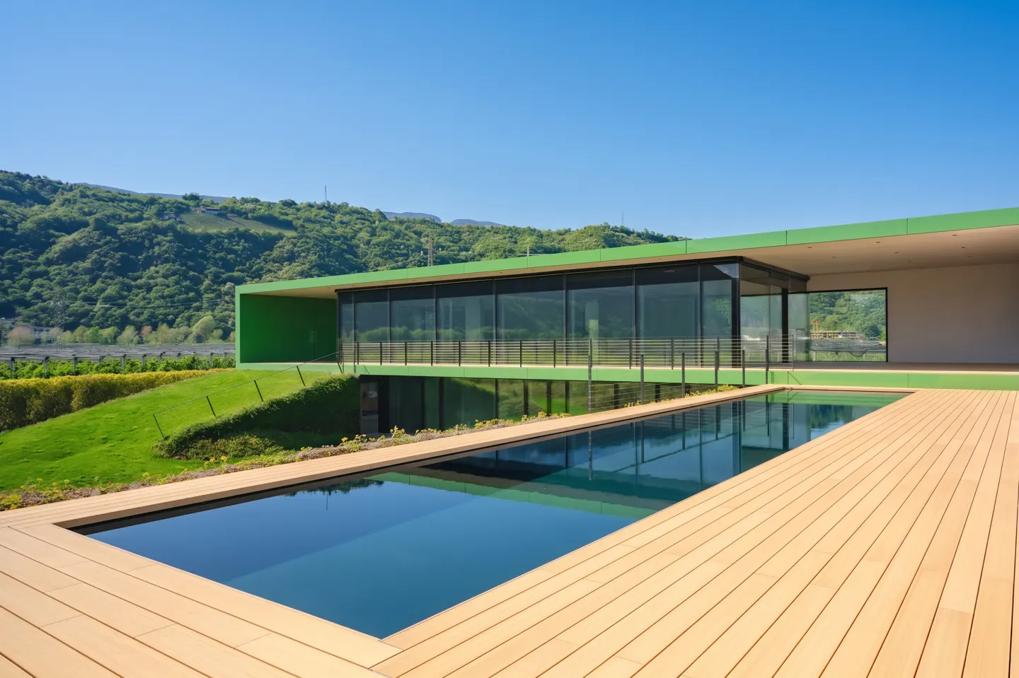 Modern green home with a pool. The house has large windows and a wooden deck. Mountains are in the background.