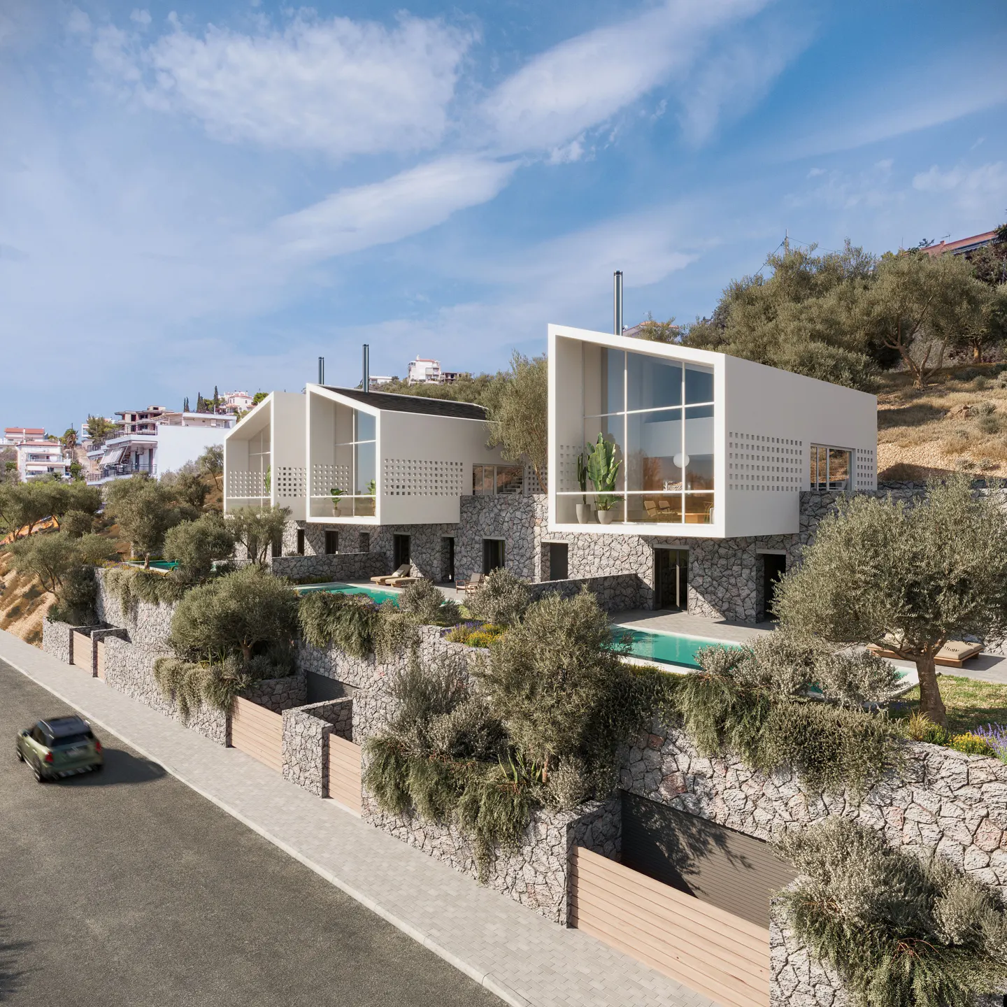 Modern white villas with glass walls and private pools built into a stone-terraced hillside with olive trees.