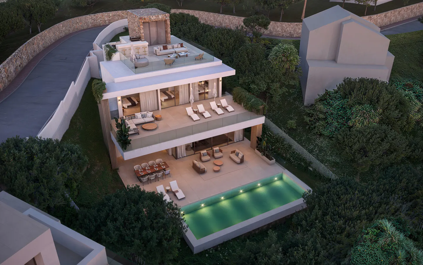 Aerial view of a modern, multi-level white house with a rooftop terrace, pool, and outdoor seating areas, surrounded by lush greenery.