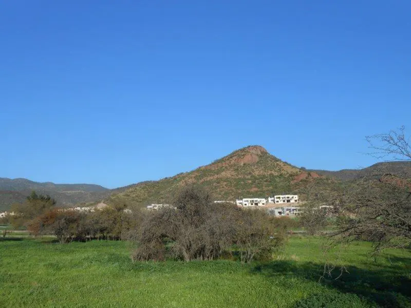 Landscape view of a green field, trees, and a mountain under a clear blue sky. Buildings are nestled near the base of the mountain.