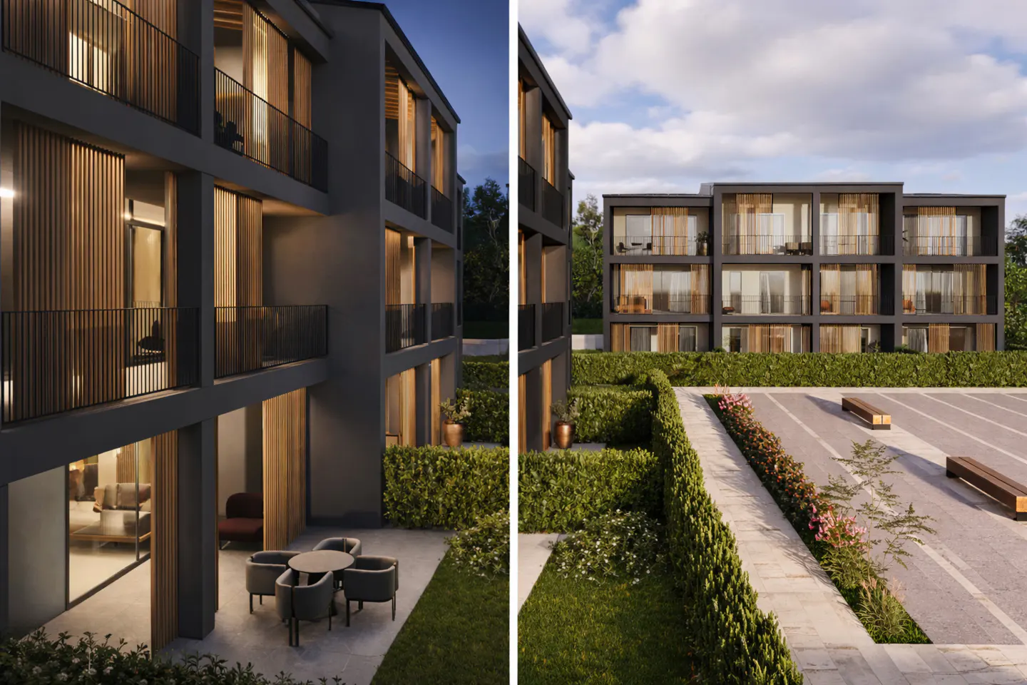 Two-panel image of a modern, dark gray apartment building with wood accents. Balconies, outdoor seating, and manicured landscaping are visible.