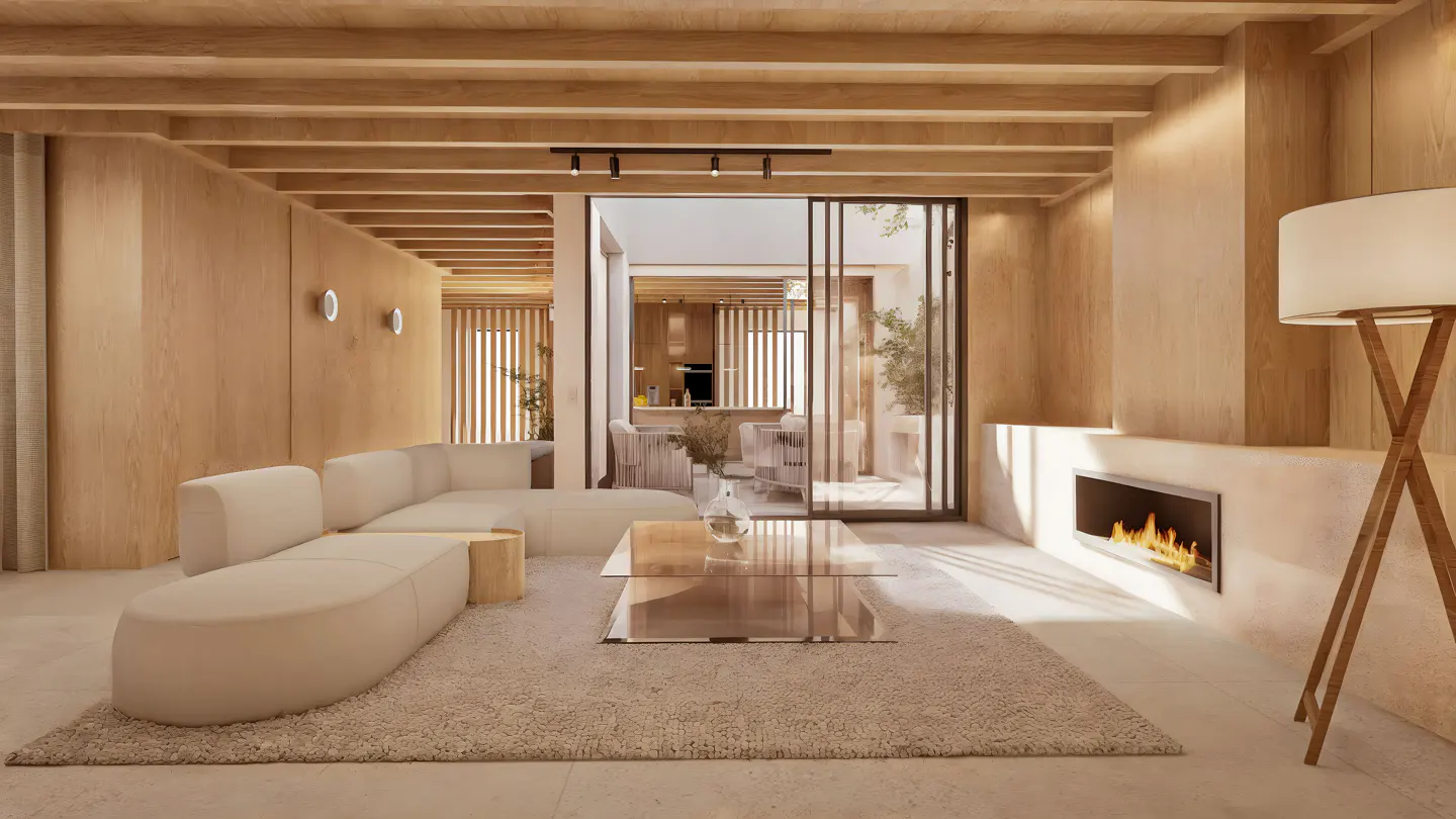 Modern living room with light wood walls, cream sectional sofa, glass coffee table, fireplace, and view of a patio.
