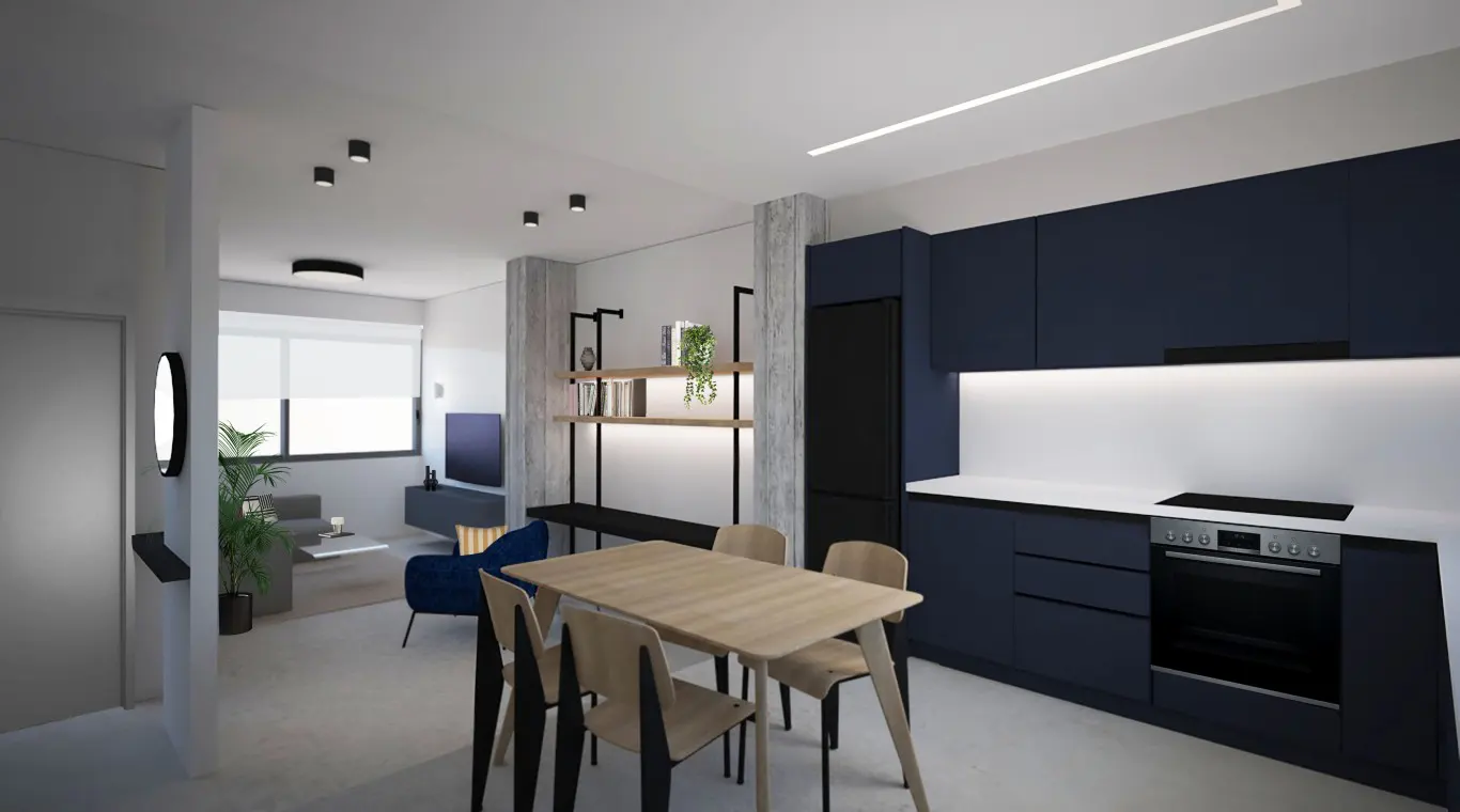 A modern apartment interior with a dining table, blue kitchen cabinets, and a living room in the background.