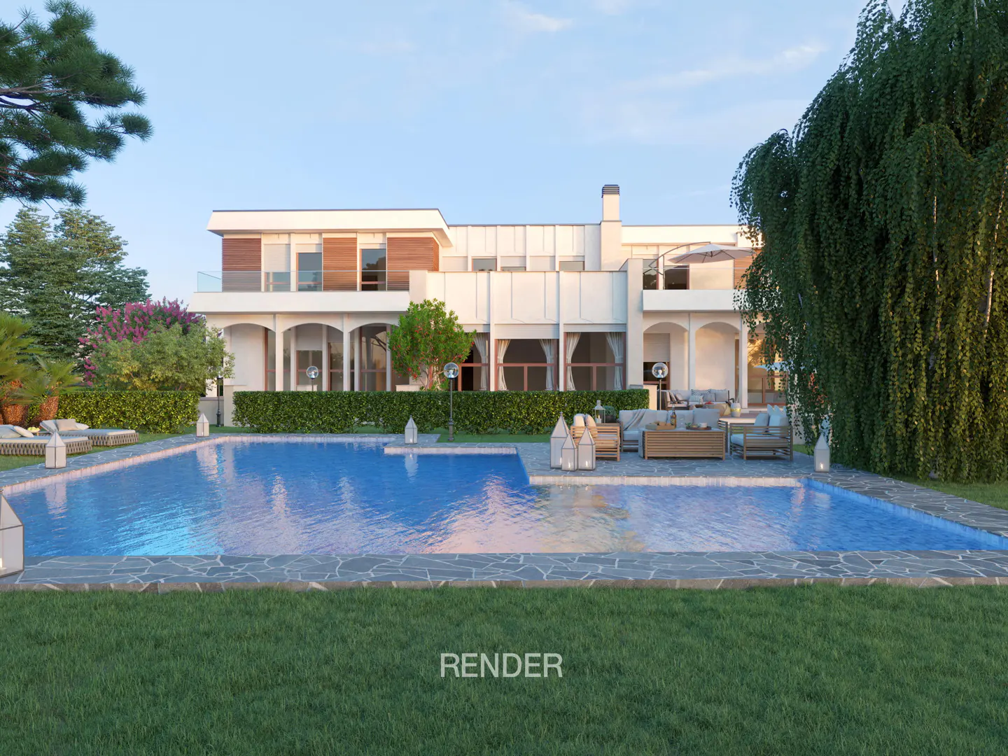 A modern white house with a blue swimming pool and green lawn. Trees surround the property.