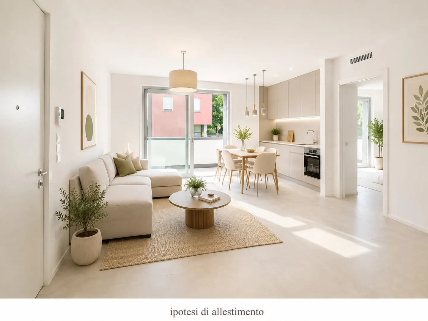 Bright, open-plan apartment with a beige sectional sofa, round coffee table, dining set, and modern kitchen. Balcony access and neutral decor.