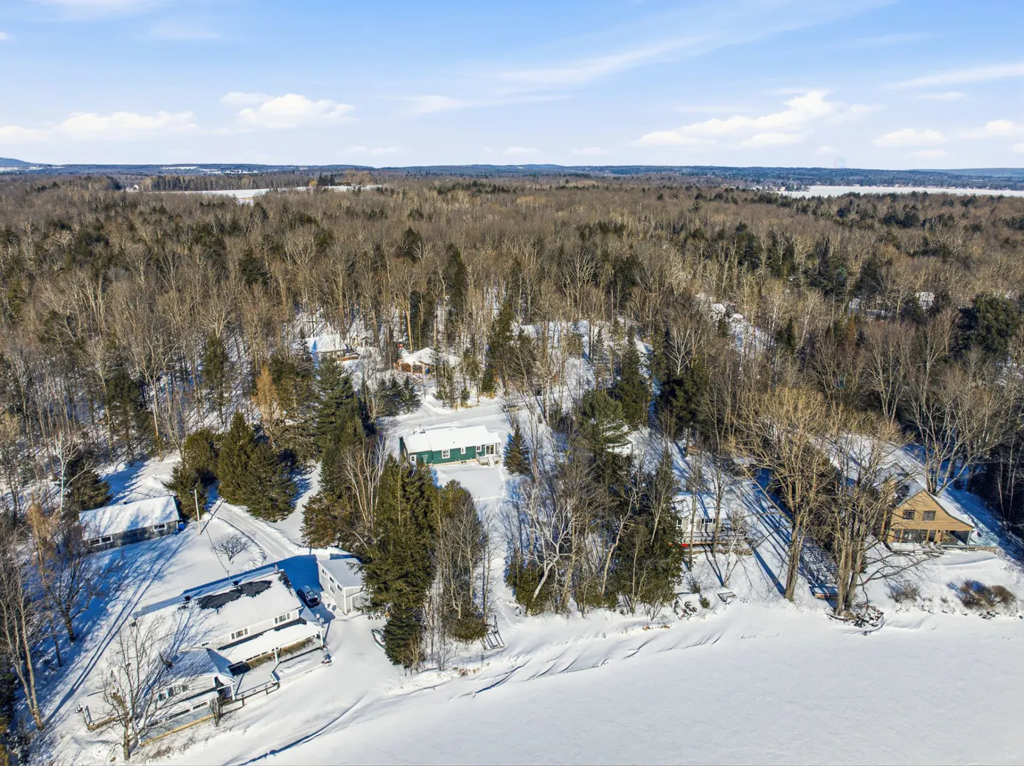 Aerial view of snow-covered lakefront homes surrounded by bare trees under a blue sky.