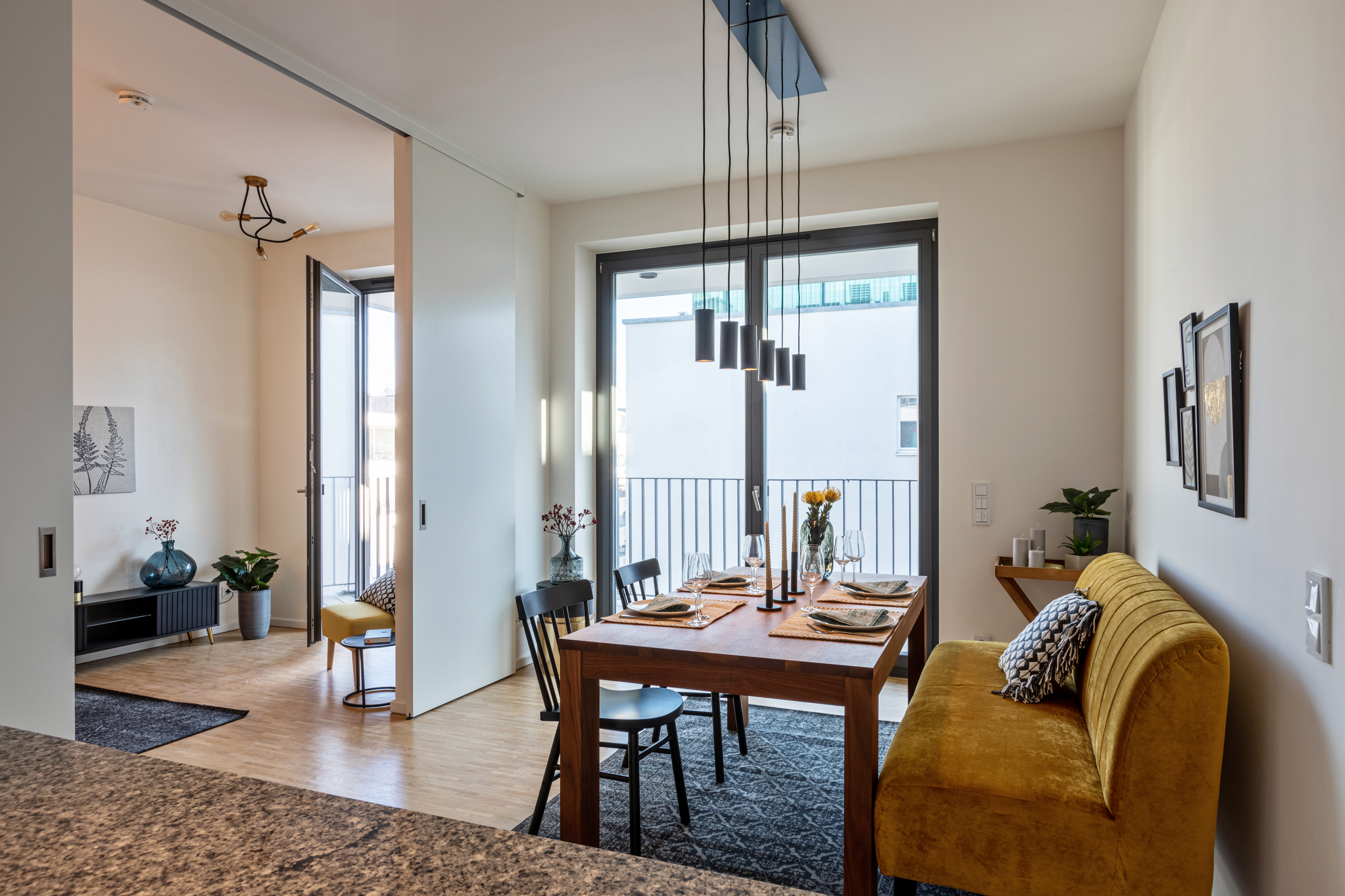 Stylish, furnished living with a view of the TV tower