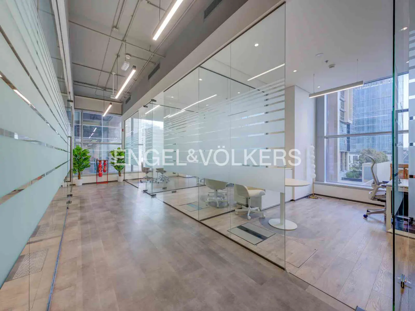 Bright office space with glass walls, wood floors, and Engel & Völkers logo. Desks, chairs, and plants are visible.