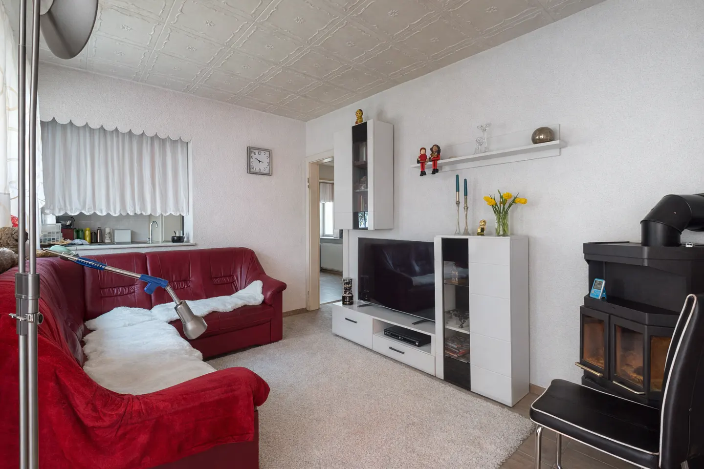 Living room with red leather sofa, white rug, TV stand, and black wood-burning stove. A silver floor lamp stands to the left.
