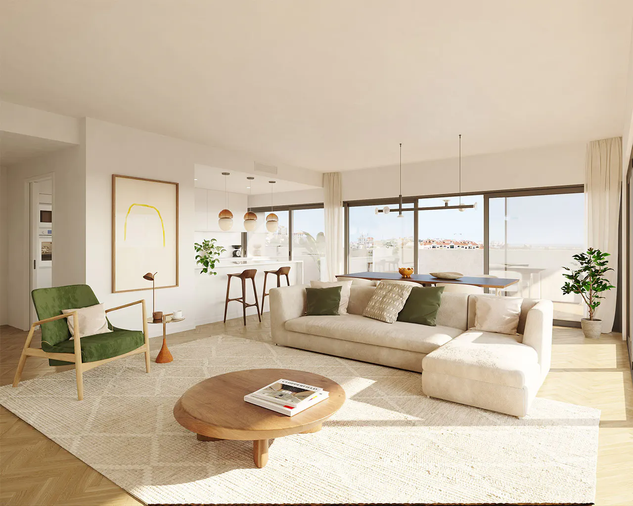 Bright, modern living room with a beige sofa, green chair, and round wood table. Kitchen and city view in background.