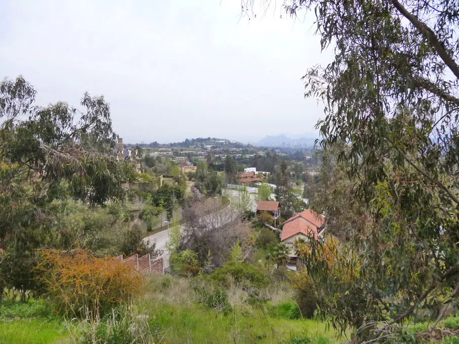 Hills view with houses and trees. The sky is overcast.