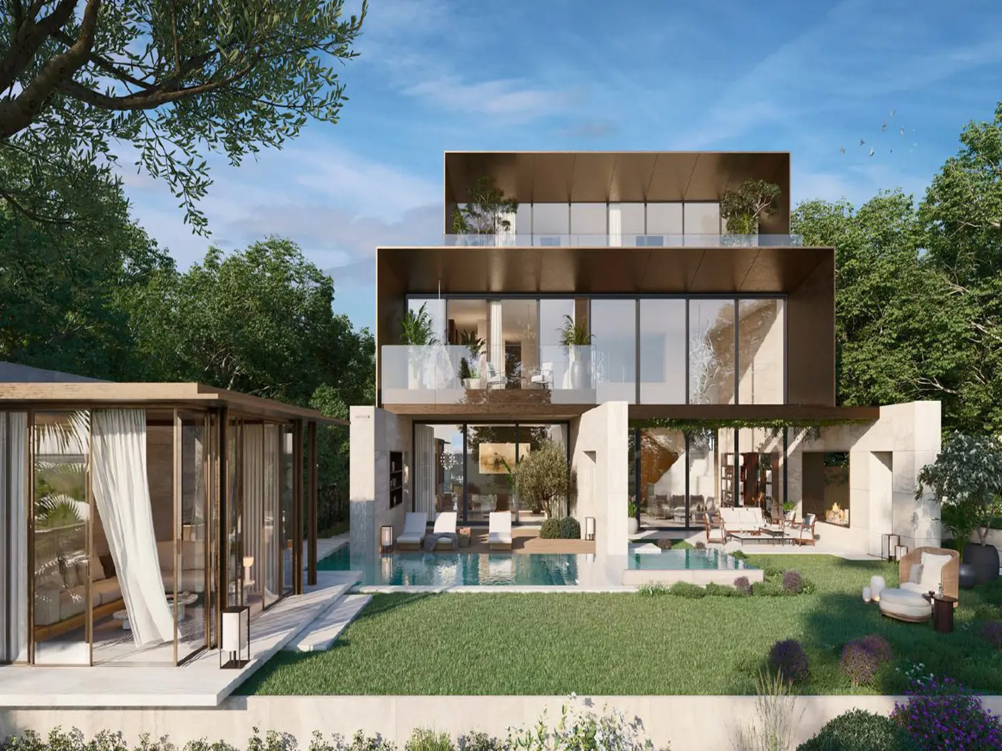 Modern two-story house with a pool and a cabana surrounded by green trees and grass under a blue sky.