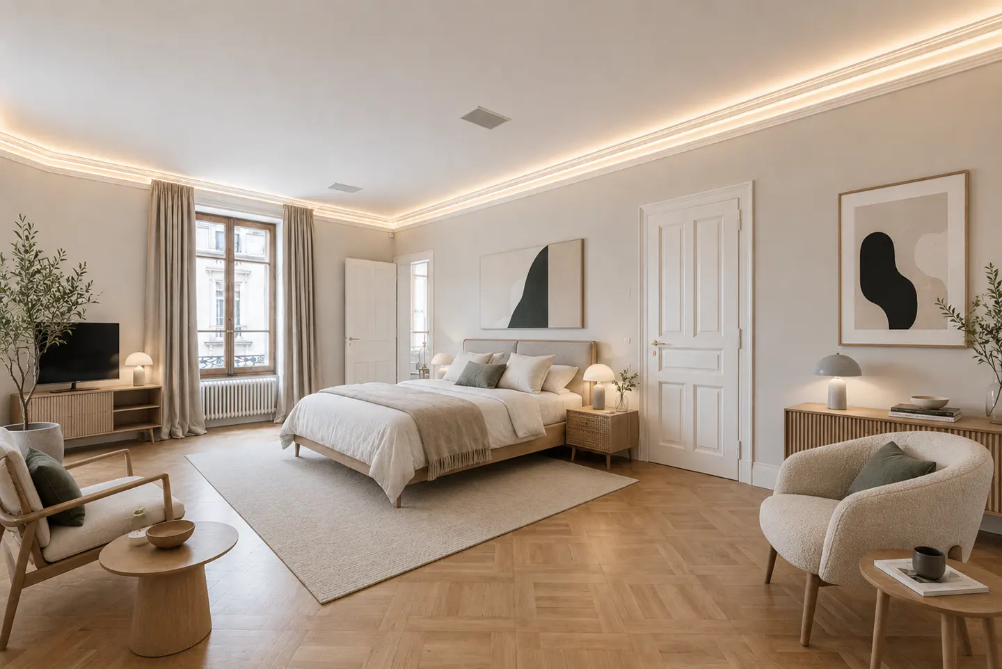 Bright, neutral bedroom with a bed, two chairs, wood floors, and beige walls. Artwork hangs above the bed and dresser.
