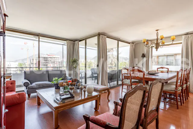 Bright living and dining room with hardwood floors, a grey sofa, wooden coffee table, and a dining set with cane chairs.