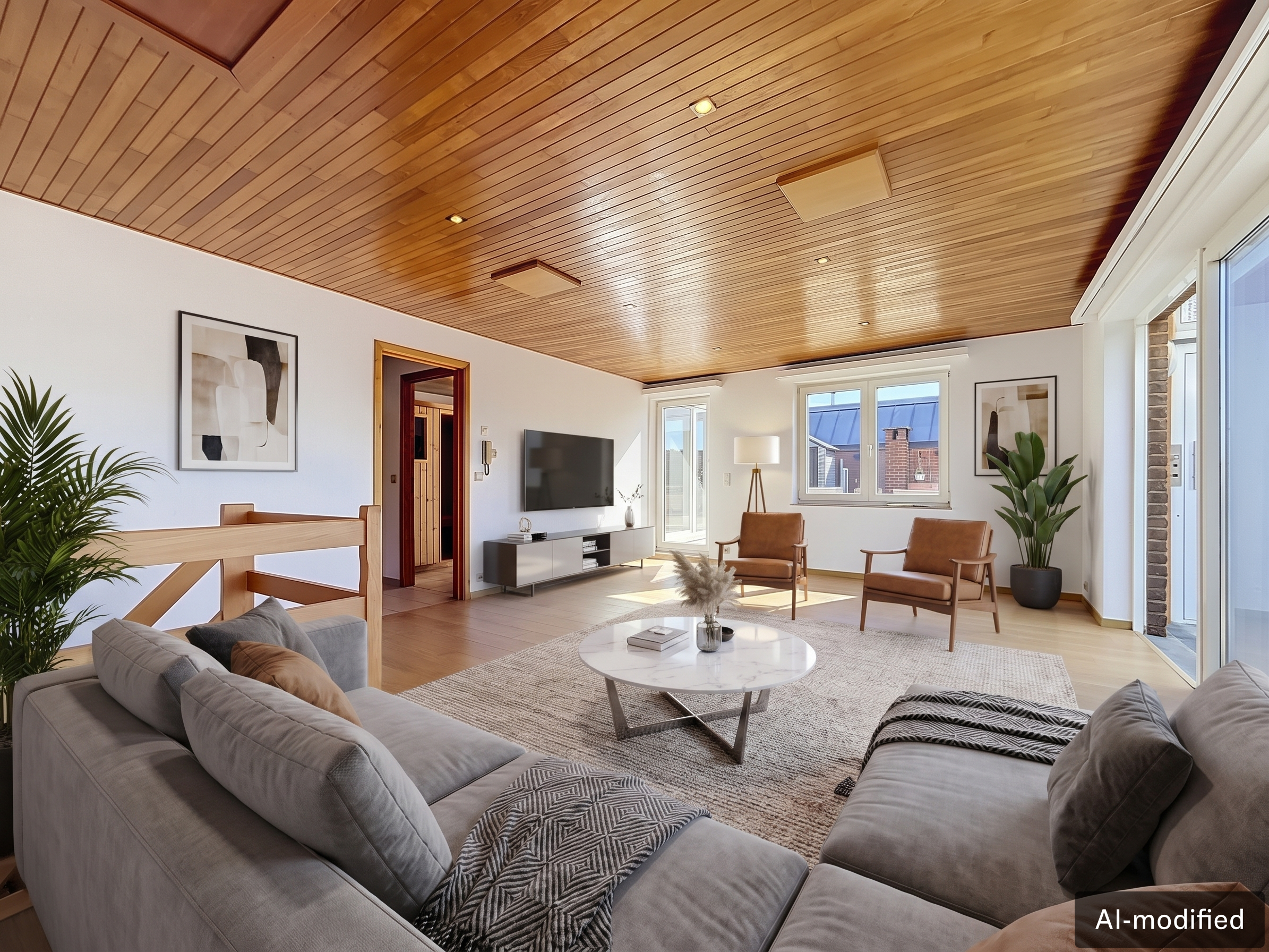 Modern living room with a wood-paneled ceiling, grey sectional sofa, two leather armchairs, and a round marble coffee table. [AI-generated text]