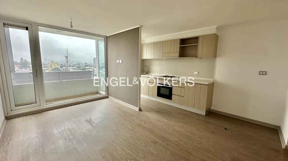 An apartment interior with wood floors, a kitchen with light wood cabinets, and a balcony with a city view.